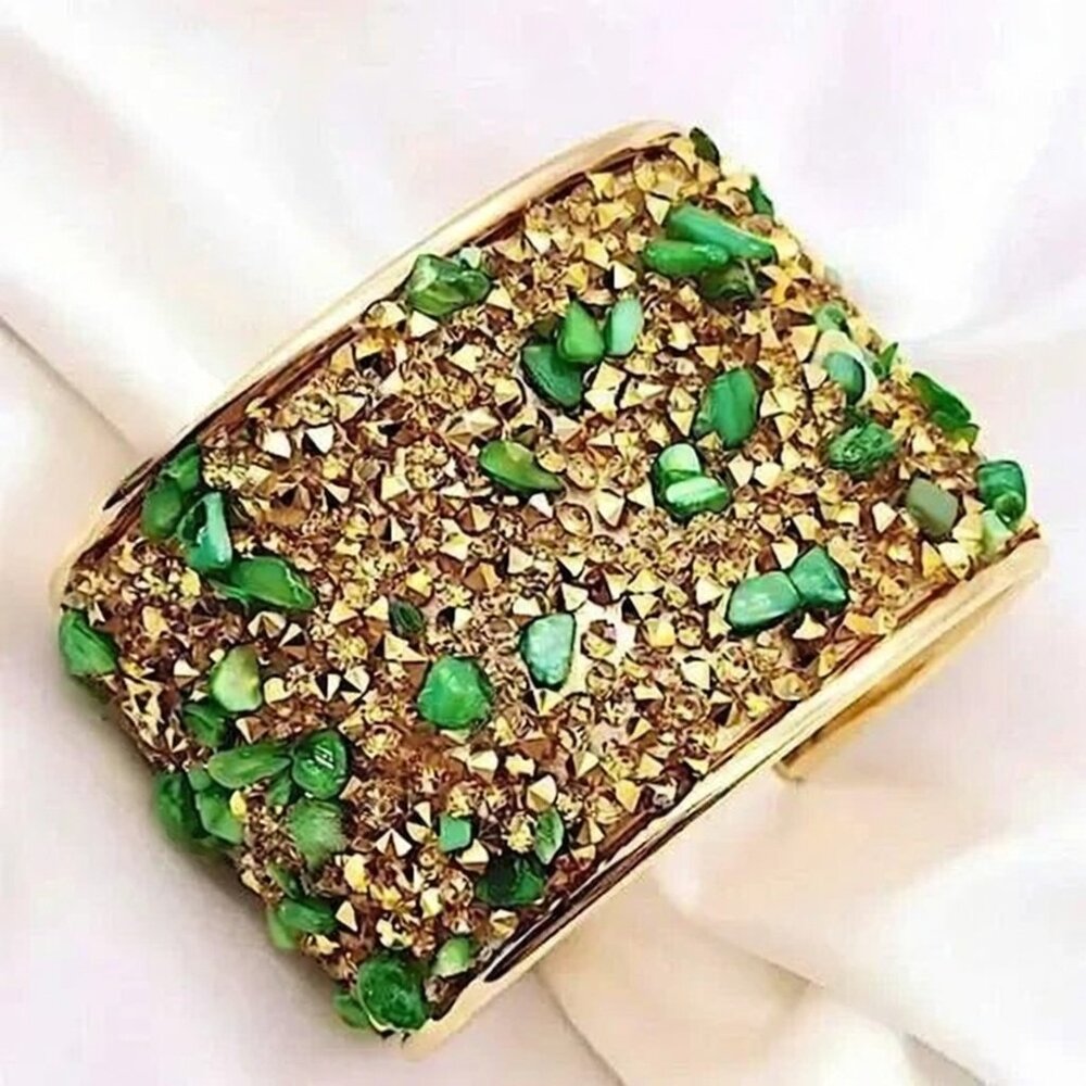 Gold Cuff Bracelet with Emerald Green Stone Inlay